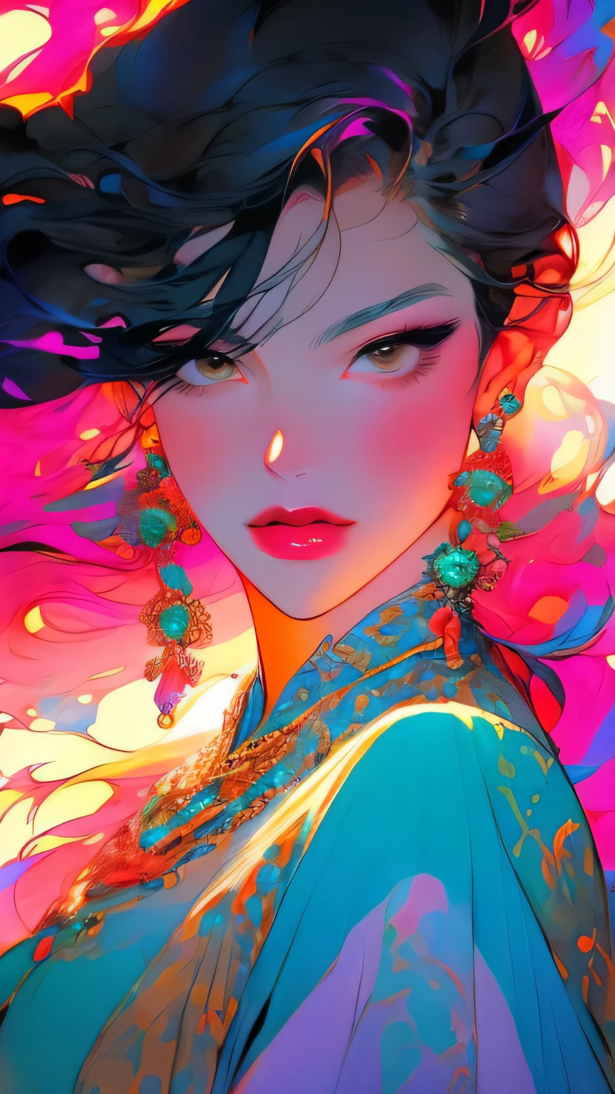 Close-up of a woman with colorful hair and necklace, Anime girl with space-like hair, The gentle vitality of rose roses, Gubes-style artwork, Fantasy art style, colorful], Vivid fantasy style, Ross draws vibrant cartoons, cosmic and colorful, Gwaiz, colorful digital fantasy art, Great art style, Beautiful anime style, Full body lighting, Skin Brightness, Sexy look, (Dynamic pose)､ masterpiece, 最high quality, high quality, High resolution､((Face close-up))､