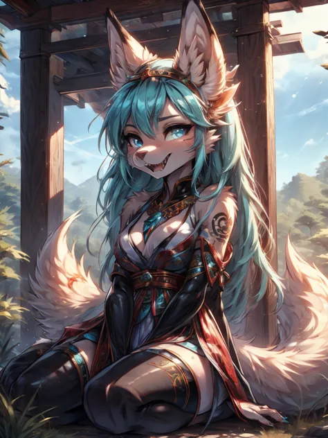 Miku Hatsune x vixen high definition add_detail:1, blue fur,kitsune ears, tribal tattoo add_detail:1, pretty girl add_detail:1, ...