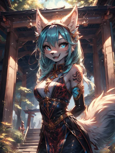 Miku Hatsune x vixen high definition add_detail:1, blue fur,kitsune ears, tribal tattoo add_detail:1, pretty girl add_detail:1, ...