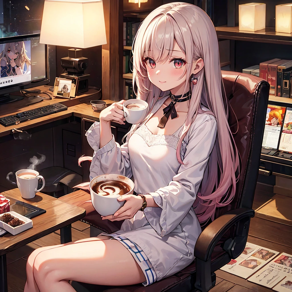 NSFW, Sexy, érotique, une fille VTuber hyper réaliste de style anime avec de longs, cheveux flottants et larges, les yeux pétillants sont diffusés en direct, assise à son bureau dans une pièce extrêmement détaillée et confortable ornée d&#39;affiches complexes, jouets en peluche, et diverses décorations. Le bureau est encombré d&#39;équipements de diffusion en continu éclairés par des lumières vibrantes., Lumières LED colorées, créer une atmosphère captivante et vivante. Elle porte une adorable tenue et tient une tasse fumante de chocolat chaud. L&#39;angle change pour une vue extrêmement dynamique et unique, se concentrer attentivement sur la surface du chocolat chaud, avec un design de fille mignonne incroyablement détaillé et charmant comme art latte, sans soucoupe. Sa main et une partie de son visage sont visibles alors qu&#39;elle présente joyeusement le chocolat chaud à ses spectateurs.. Éléments de sa configuration de diffusion en direct, y compris un microphone, caméra, et écran de discussion, sont affichés bien en évidence sur le bureau, aux côtés de tuiles de mahjong dispersées et d&#39;un moniteur présentant un flux de jeu de mahjong intense. L&#39;arrière-plan est riche d&#39;objets méticuleusement conçus, améliorant l&#39;ambiance chaleureuse et mystérieuse. le chaud, la lumière accueillante de la pièce et les lumières LED vibrantes offrent un contraste époustouflant, créant un équilibre parfait entre luminosité et ombre. Chaque détail est rendu avec le plus haut niveau de précision et de clarté, mettant en valeur la chaleur de la scène et l&#39;attrait du chocolat chaud avec de jolies filles latte art, tout en mettant l&#39;accent sur le flux passionnant du jeu de mahjong dans la qualité la plus époustouflante imaginable. L&#39;enthousiasme et l&#39;amour du VTuber pour le chocolat chaud et le mahjong sont clairement représentés., faisant transparaître sa personnalité dans ce chef-d&#39;œuvre extraordinaire. Améliorez la résolution globale et les détails au niveau le plus élevé possible pour une image incroyablement détaillée et vibrante..