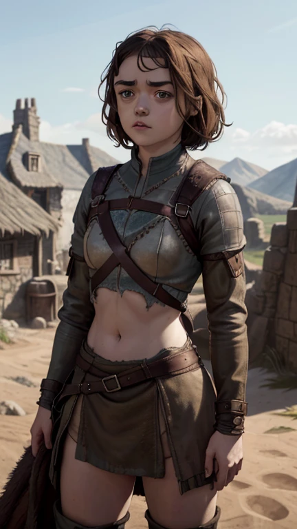 8k, Maisie Williams face, pale skin, toned abs, small breast, round ass, her round ass visible, brown hair, Maisie Williams as Arya Stark, torn ragged peasant clothes, standing stance, winterfell in background