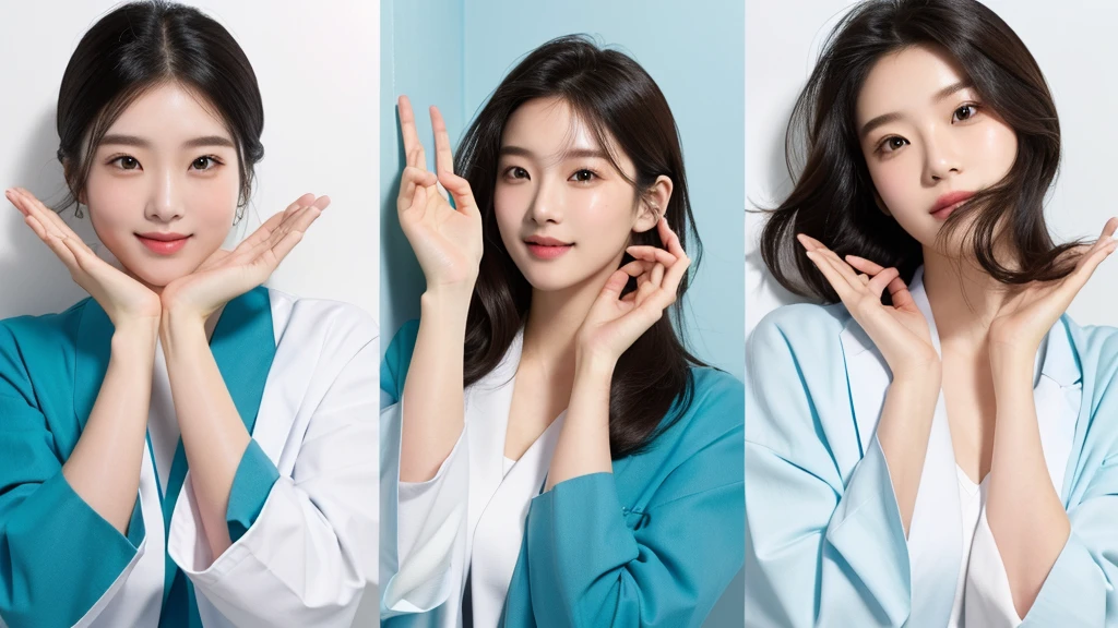 masterpiece, best quality, medium shot, 3girls, modern hospital, happy, Beautiful Japanese female doctor wearing white labcoat over teal scrubs, beautiful detailed face, pale skin, realistic skin, detailed cloth texture, detailed hair texture, accurate, Anatomically correct, Highly detailed face and skin texture , looking at viewer