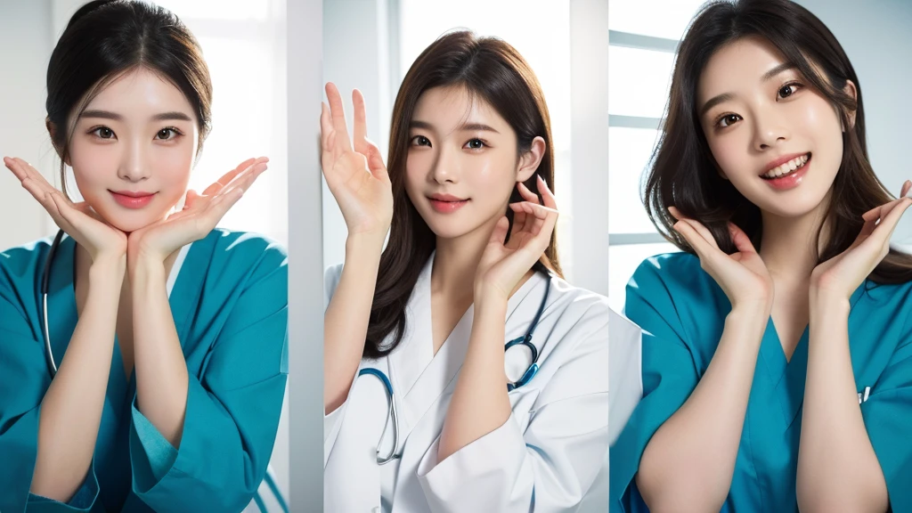 masterpiece, best quality, medium shot, 3girls, modern hospital, happy, Beautiful Japanese female doctor wearing white labcoat over teal scrubs, beautiful detailed face, pale skin, realistic skin, detailed cloth texture, detailed hair texture, accurate, Anatomically correct, Highly detailed face and skin texture , looking at viewer