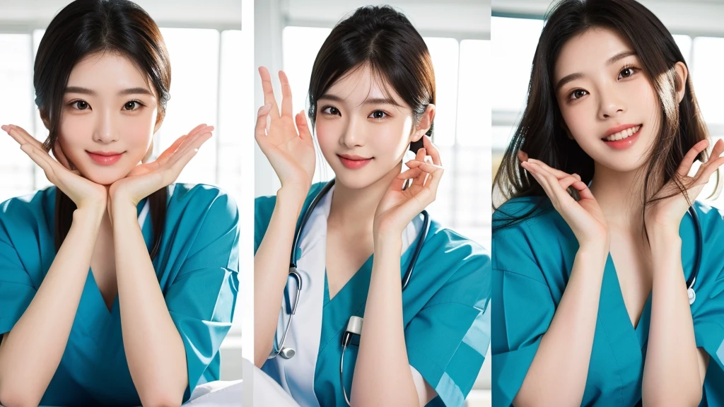 masterpiece, best quality, medium shot, 3girls, modern hospital, happy, Beautiful Japanese female doctor wearing white labcoat over teal scrubs, beautiful detailed face, pale skin, realistic skin, detailed cloth texture, detailed hair texture, accurate, Anatomically correct, Highly detailed face and skin texture , looking at viewer