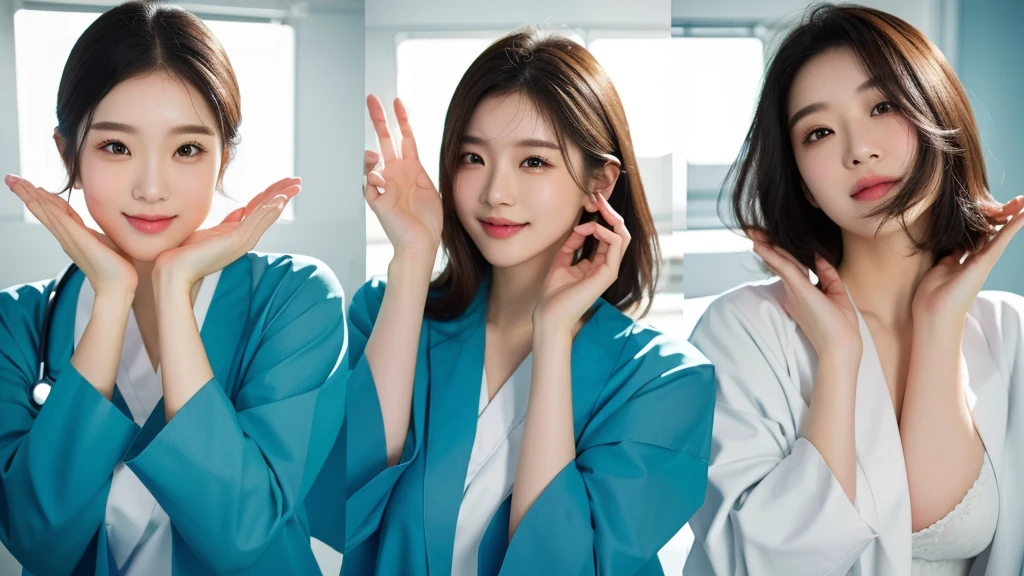 masterpiece, best quality, medium shot, 3girls, modern hospital, happy, Beautiful Japanese female doctor wearing white labcoat over teal scrubs, beautiful detailed face, pale skin, realistic skin, detailed cloth texture, detailed hair texture, accurate, Anatomically correct, Highly detailed face and skin texture , looking at viewer