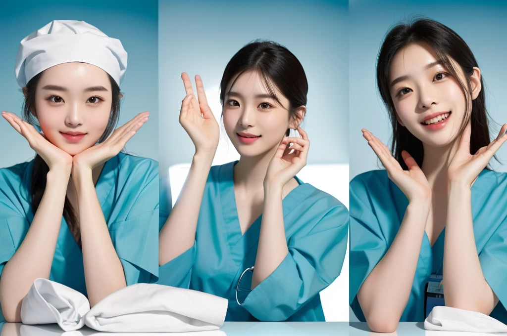 masterpiece, best quality, medium shot, 3girls, modern hospital, happy, Beautiful Japanese female doctor wearing white labcoat over teal scrubs, beautiful detailed face, pale skin, realistic skin, detailed cloth texture, detailed hair texture, accurate, Anatomically correct, Highly detailed face and skin texture , looking at viewer