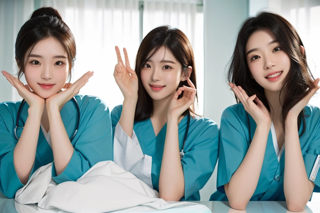 masterpiece, best quality, medium shot, 3girls, modern hospital, happy, Beautiful Japanese female doctor wearing white labcoat over teal scrubs, beautiful detailed face, pale skin, realistic skin, detailed cloth texture, detailed hair texture, accurate, Anatomically correct, Highly detailed face and skin texture , looking at viewer