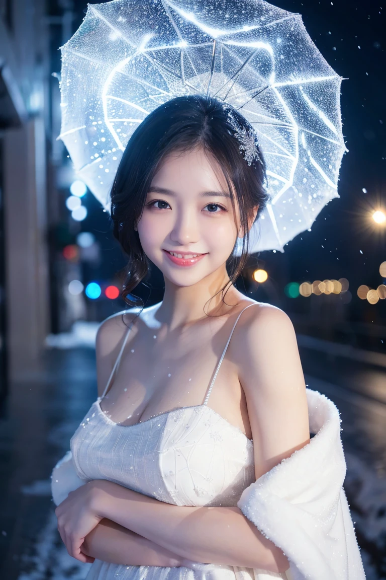 (Highest quality、masterpiece、8k、Best image quality、Hyperrealism、Award-winning works)、1 Girl、(Made from thick Melton fabric、A perfect and elegant open coat:1.1)、Plain white tank top shirt、Soft indirect lighting、Soft and delicate light、Dramatic lighting effects、(Huge breasts:1.2)、Glamorous Body、Accentuate your body lines、Romantic snowy night city、Romantic Christmas illuminations、Beautiful night view of the snowy city、The biggest smile looks at me、Sparkling fine snow、Beautiful snow reflecting light、Diamond dust、(Tyndall effect:1.1)、Beautiful snowy scenery、(that&#39;it&#39;s snowing:1.1)、(Snow in the hair:1.1)、Accurate anatomy、(Face close-up:1.1)、Beautiful glossy lipstick, natural color、Natural Makeup、Glossy Lips、Ultra HD glossy skin、ultra high definition radiation, Beautiful Skin、Moist and Beautiful Skin、Beautiful Skin glow、Ultra-high definition glossy lips、Ultra-high definition sparkling eyes、(Beautiful perfect teeth in super high resolution:1.1)、Please smile widely and show your beautiful teeth.、(perfect beautiful teeth:1.1)