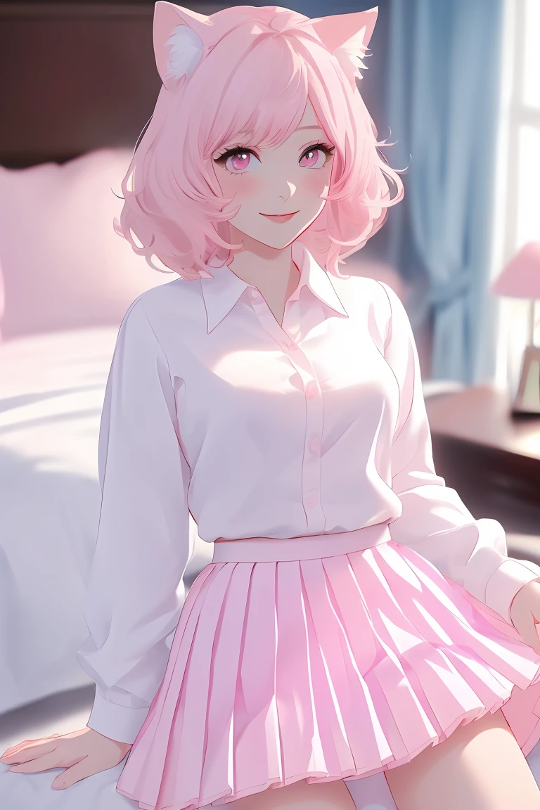 score_9,score_8_up,score_7_up,masterpiece, top quality, best quality, official art, beautiful and aesthetic, animation, , 1girl with cat ear, perfect figure, pink hair, complicated details, bedroom, sunny, (white shirt, pink pleated skirt:1.5), female smile, inviting action ,