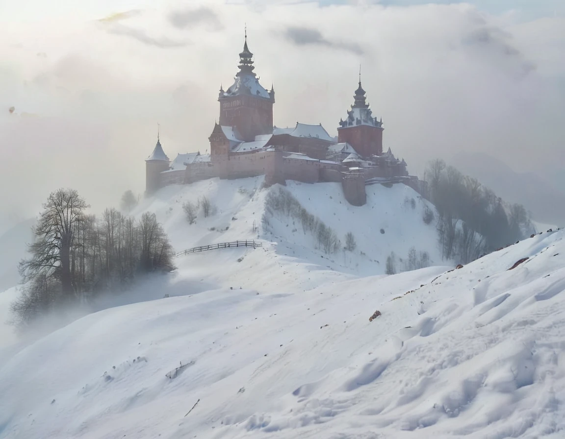 Schloss like rokoko. Über einem verschneiten alten Dorf in einer nebligen Atmosphäre [Schloss] [Rokoko] [Schnee] [altes Dorf] [geheimnisvoll] [Nebel]