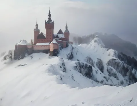 castle like rokoko. over a snowy old village in a foggy atmosphere [castle] [rokoko] [snow] [old village] [mysterious] [fog]