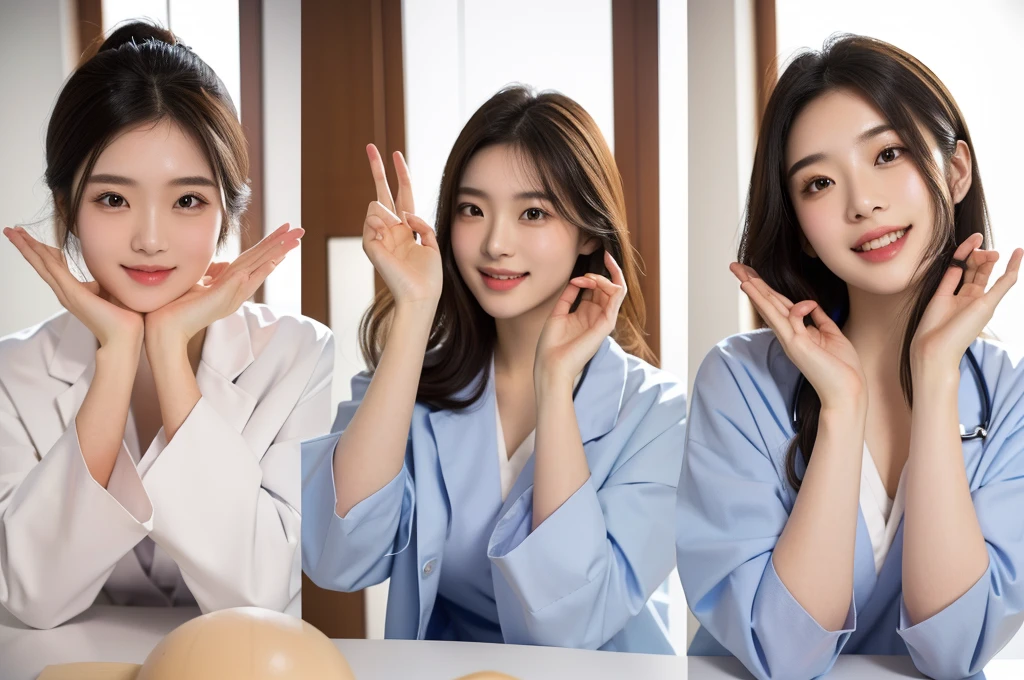 masterpiece, best quality, medium shot, 3girls, modern hospital, happy, Beautiful Japanese female doctor wearing white labcoat over teal scrubs, beautiful detailed face, pale skin, realistic skin, detailed cloth texture, detailed hair texture, accurate, Anatomically correct, Highly detailed face and skin texture , looking at viewer