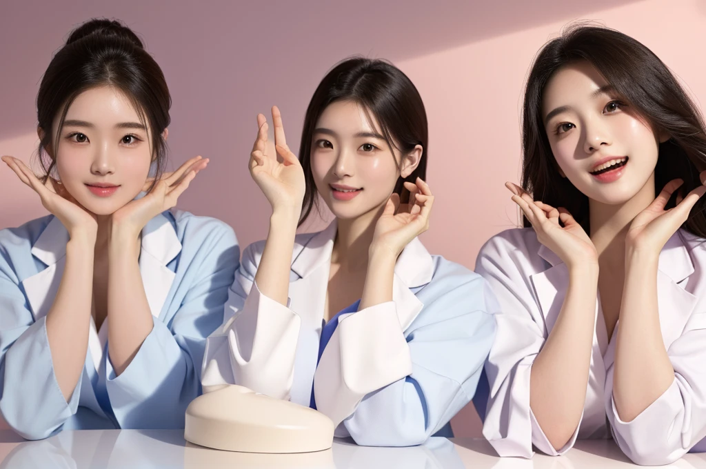 masterpiece, best quality, medium shot, 3girls, modern hospital, happy, Beautiful Japanese female doctor wearing white labcoat over teal scrubs, beautiful detailed face, pale skin, realistic skin, detailed cloth texture, detailed hair texture, accurate, Anatomically correct, Highly detailed face and skin texture , looking at viewer