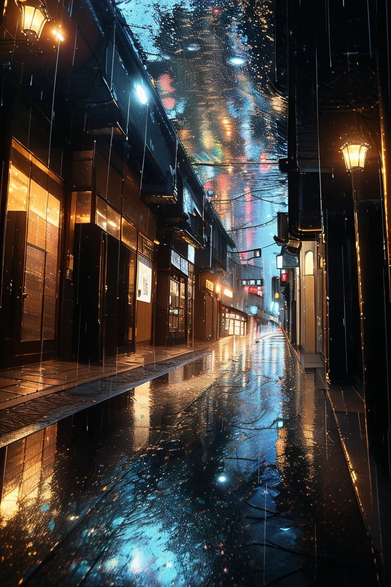 Ultradetaillierte Wiedergabe [Panne] Kunst, (KOAN), Essen, Bescheiden, (nachdenklich: 1.2), (harmonisch) Impressionismus, Gehirn, (verbunden), Labyrinth, (introspektiv), Geist, ausgewogen und wechselseitig, (regnerische Nacht), Regenstil, Konzept: ("Die Spiegel auf dem nassen Bürgersteig reflektieren die Straßenlaternen der Stadt. Solange die Regentropfen fallen, Die glitzernden Muster sind in die feuchte Nacht gezeichnet. ")