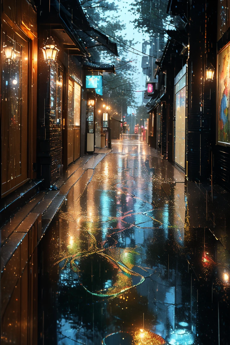 Reprodução ultra-detalhada [falha] arte, (koan), Juntamente com, Modest, (contemplativo: 1.2), (harmonioso) Impressionism, CÉREBRO, (interligados), labirinto, (introspectivo), espírito, equilibrado e recíproco, (noite chuvosa), estilo chuva, conceito: ("Os espelhos na calçada molhada refletem as luzes da cidade. Enquanto as gotas de chuva caírem, os desenhos brilhantes são desenhados na noite úmida. ")