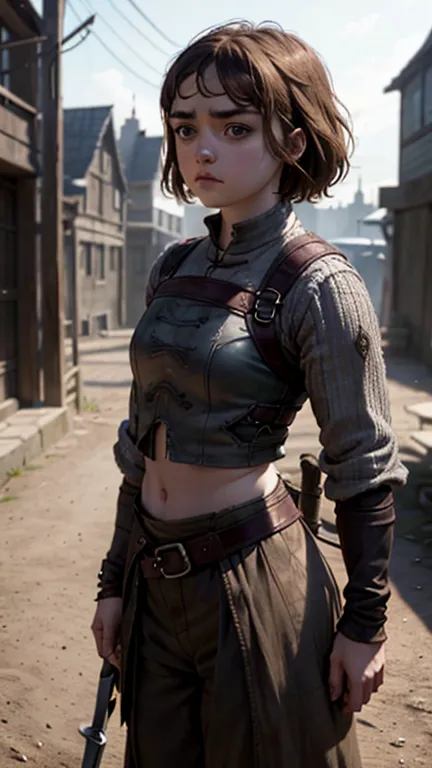 8k, maisie williams face, pale skin, toned abs, small breast, round ass, her round ass visible, brown hair, maisie williams as a...