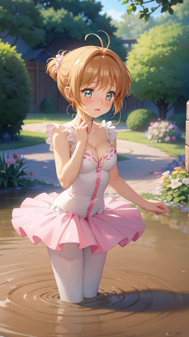 masterpiece, best quality, highres, 1girl, detailed face, blush, anime CG style, (medium breasts), (18 year old girl:1.3), (aged up), good lighting, perfect body, sakura kinomoto, glossy lips, cleavage, (curvy), garden, (sinking in mud), (upset), tears on cheeks, ballerina, tutu, standing, (legs completely submerged)
