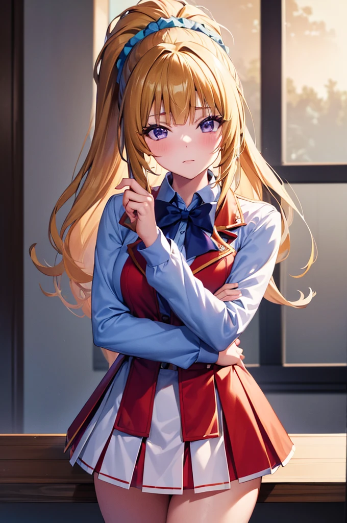 (8k, best quality, masterpiece,ultra detailed, ultra high res:1.2), 
1girl,
Kei Karuizawa, 
Kei Karuizawa \(youjitsu\),
long hair, ponytail, 
yellow hair, 
purple eyes, 
blue bow, hair scrunchie, 
medium breasts, 
, red blazer, long sleeves, blue blouse, pleated white skirt, white calf socks, 
looking at viewer, 
cowboy shot, 
perfect light, 