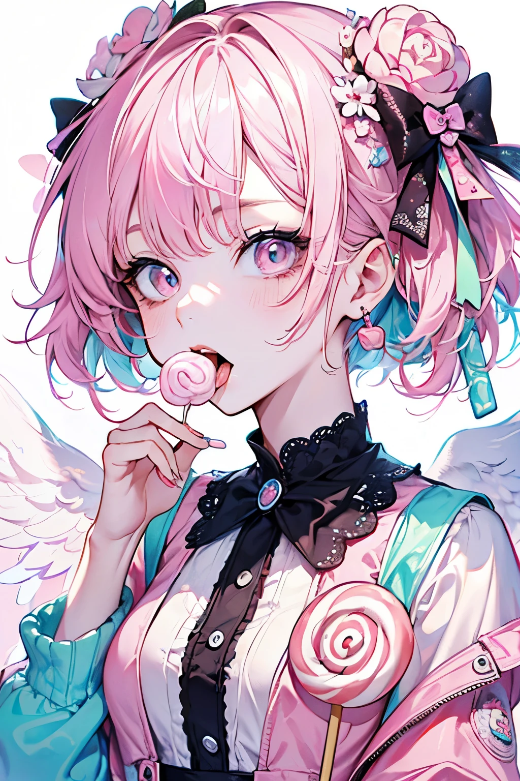 chibi character,Rabbit motif,(brush),((cute,kawaii,wonderland)),((pastel color)),((Cute assortment)),(),((Licking candy:1.3)),Shiny pink hair,(pastel pink),((Angel:1.2)),(Lollipop,Candy:1.25).