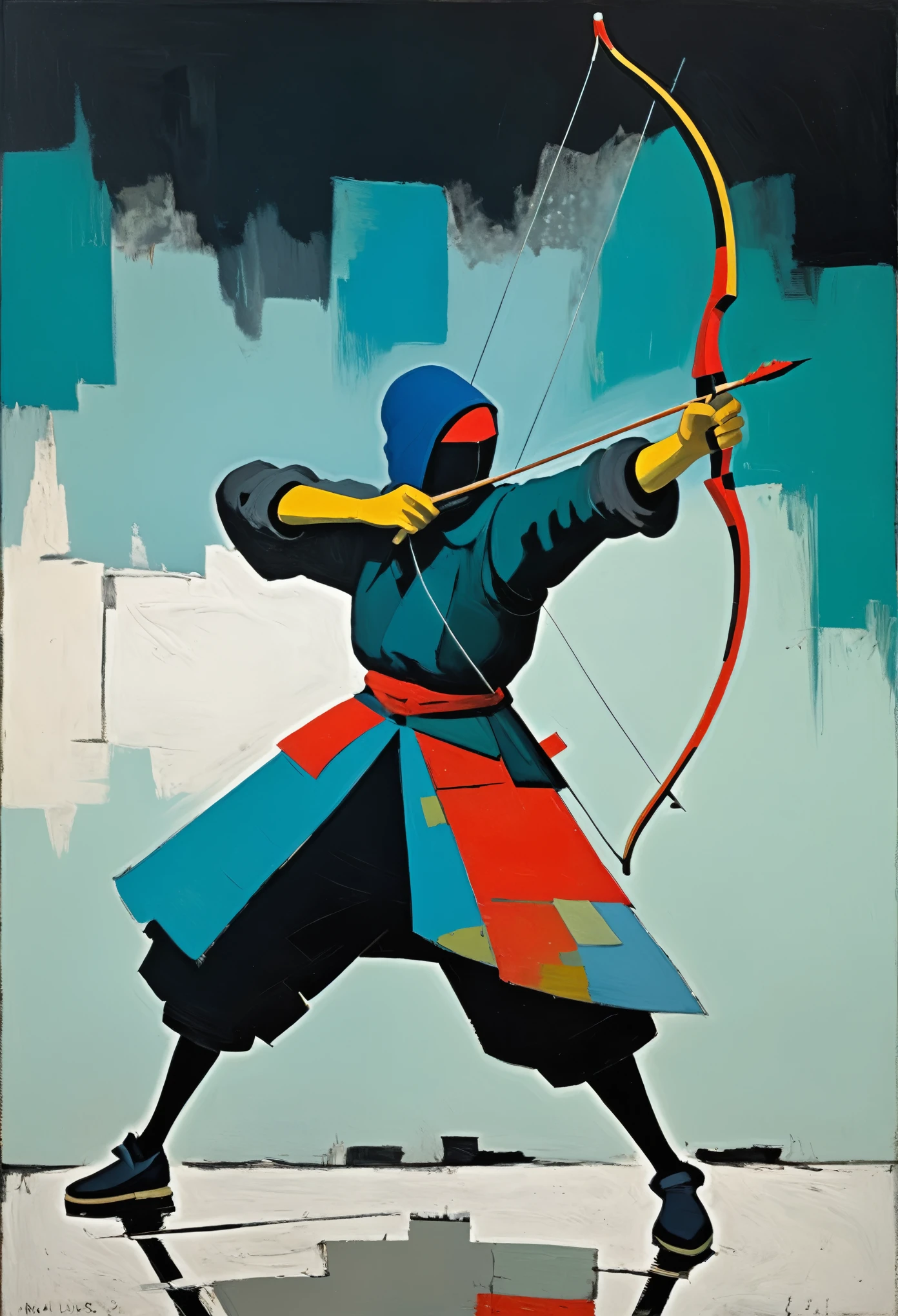 by Stuart Davis, Hui's poised bow meets Yimou's arrow in mid-air, frozen in the dance of archery, an artistry of precision and grace, (magnificent background, full of details:1.2), (muddy, creative:1.2), Impressionism, loose brushstrokes, atmospheric effects, plein air painting, emphasis on light and color, capturing the moment, Claude Monet, 19th-century, (masterpiece, intricate details:1.2), looking at viewer, dynamic pose, style of Nicola Samori 