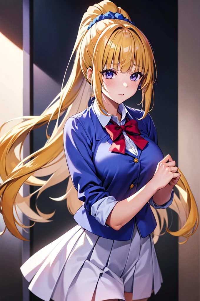 (8k, best quality, masterpiece,ultra detailed, ultra high res:1.2), BREAK anime keyvisual, 
1girl,
Kei Karuizawa, 
Kei Karuizawa \(youjitsu\),
long hair, ponytail, 
yellow hair, 
purple eyes, 
blue bow, hair scrunchie, 
medium breasts, 
, red blazer, long sleeves, blue blouse, pleated white skirt, white calf socks, 
looking at viewer, 
cowboy shot, 
perfect light, 