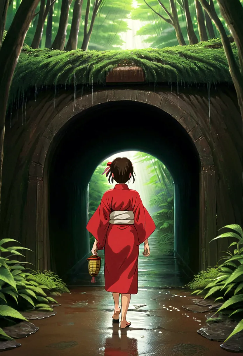 Spirited Away、１０girl around the age、Short brown hair in a ponytail、Eyes are large、The expression is rich、Wearing a red kimono、Wa...