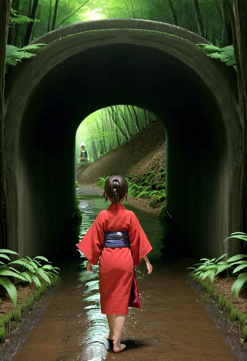Spirited Away、１０girl around the age、Short brown hair in a ponytail、Eyes are large、The expression is rich、Wearing a red kimono、Walking towards a tunnel in the forest、It&#39;s a little dark in the fores drizzling
