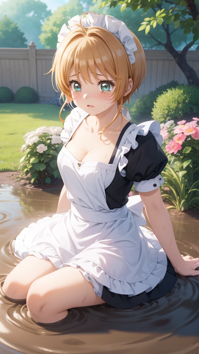 masterpiece, best quality, highres, 1girl, detailed face, blush, anime CG style, (medium breasts), (18 year old girl:1.3), (aged up), good lighting, perfect body, sakura kinomoto, glossy lips, cleavage, (curvy), maid, short puffy sleeves, small maid apron, garden, (sinking in mud), upset, tears on cheeks