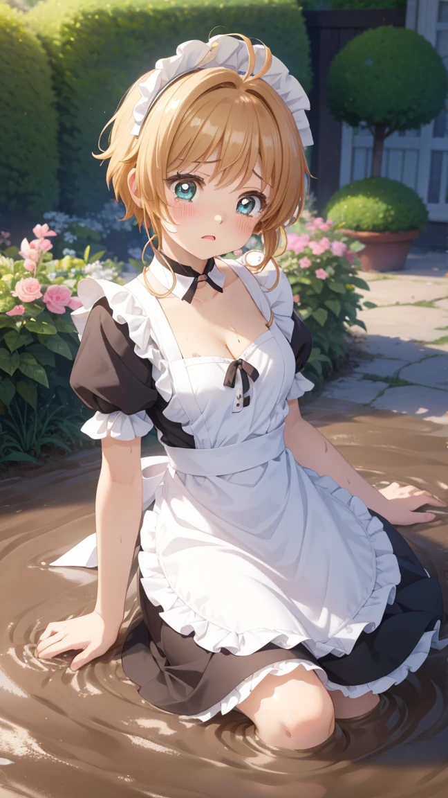 masterpiece, best quality, highres, 1girl, detailed face, blush, anime CG style, (medium breasts), (18 year old girl:1.3), (aged up), good lighting, perfect body, sakura kinomoto, glossy lips, cleavage, (curvy), maid, short puffy sleeves, small maid apron, garden, (sinking in mud), upset, tears on cheeks