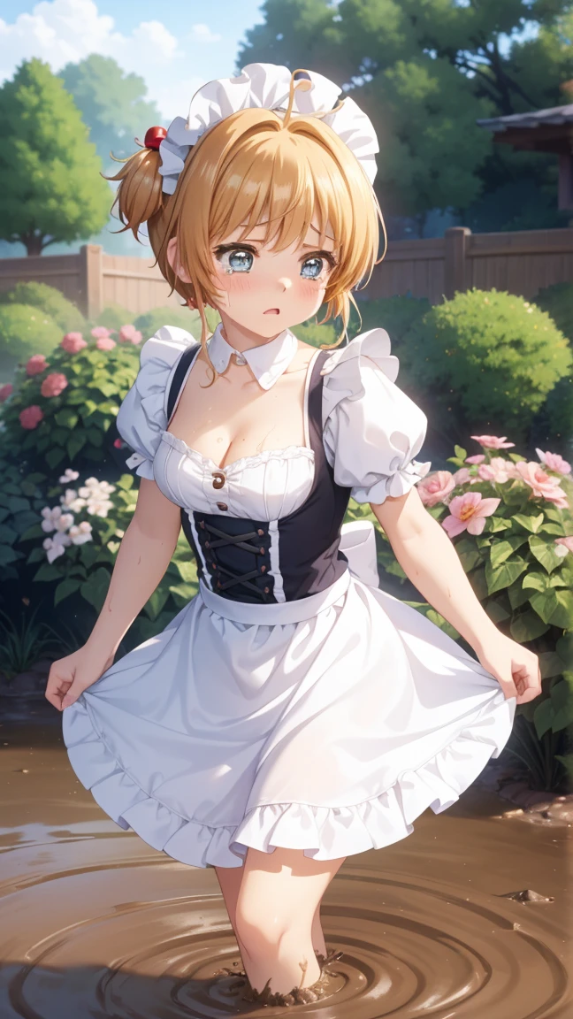 masterpiece, best quality, highres, 1girl, detailed face, blush, anime CG style, (medium breasts), (18 year old girl:1.3), (aged up), good lighting, perfect body, sakura kinomoto, glossy lips, cleavage, (curvy), maid, short puffy sleeves, small maid apron, garden, (sinking in mud), upset, tears on cheeks, standing