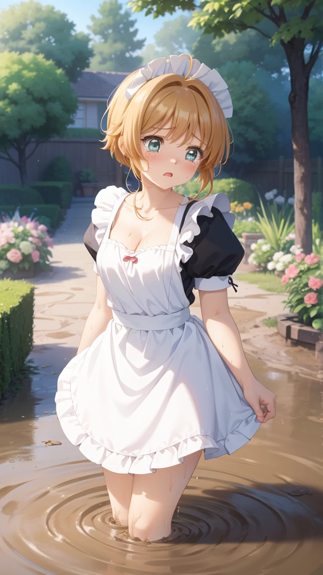 masterpiece, best quality, highres, 1girl, detailed face, blush, anime CG style, (medium breasts), (18 year old girl:1.3), (aged up), good lighting, perfect body, sakura kinomoto, glossy lips, cleavage, (curvy), maid, short puffy sleeves, small maid apron, garden, (sinking in mud), upset, tears on cheeks, standing