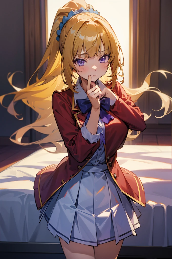 (8k, best quality, masterpiece,ultra detailed, ultra high res:1.2), BREAK (anime keyvisual:1.1), 
1girl,
Kei Karuizawa, 
Kei Karuizawa \(youjitsu\),
long hair, ponytail, 
yellow hair, 
purple eyes, 
blue bow, hair scrunchie, 
medium breasts, 
, red blazer, long sleeves, blue blouse, pleated white skirt, white calf socks, 
looking at viewer, 
cowboy shot, 
perfect light, 