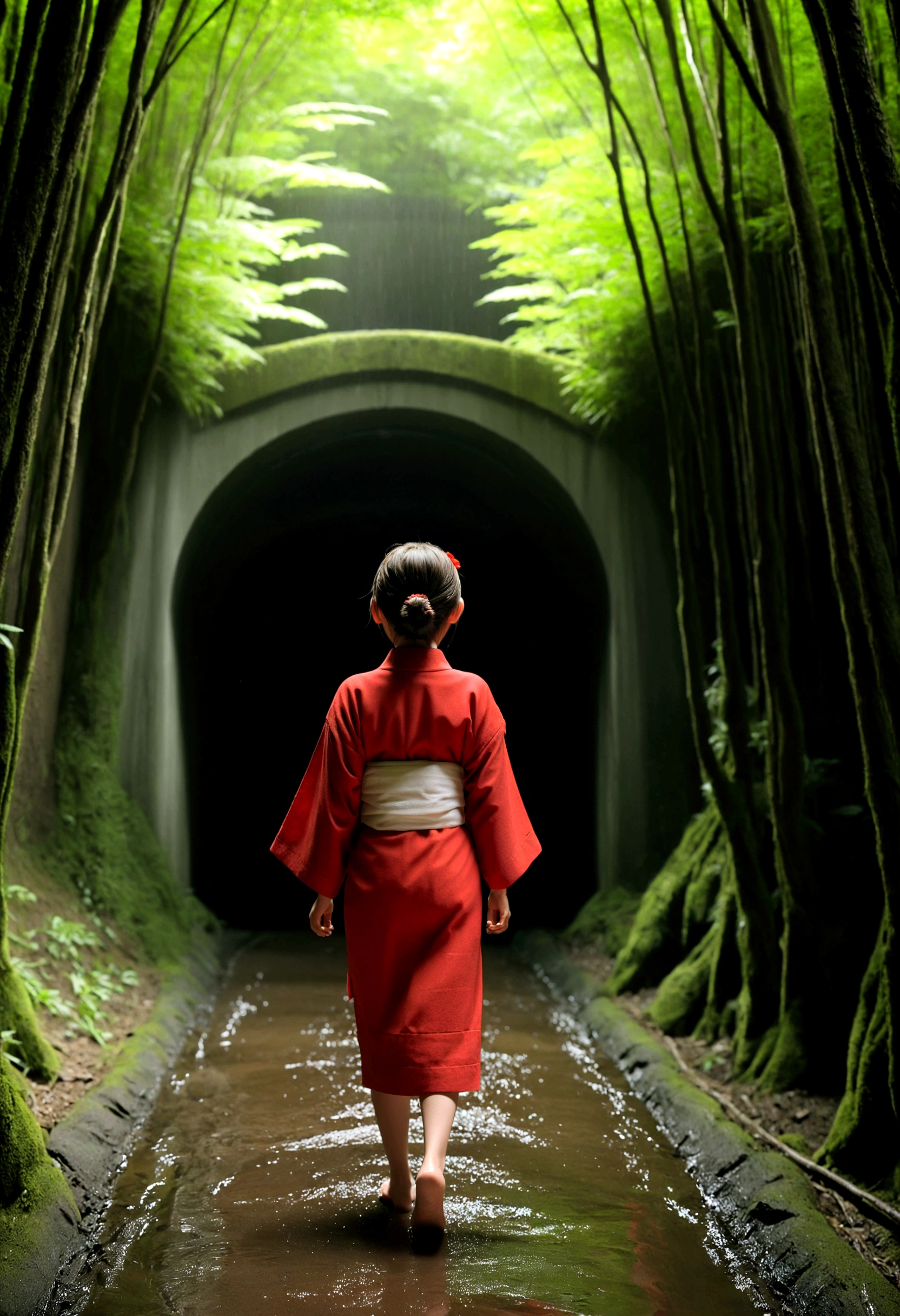 Spirited Away、１０girl around the age、Short brown hair in a ponytail、Eyes are large、The expression is rich、Wearing a red kimono、Walking towards a tunnel in the forest、It&#39;s a little dark in the forest、It's drizzling