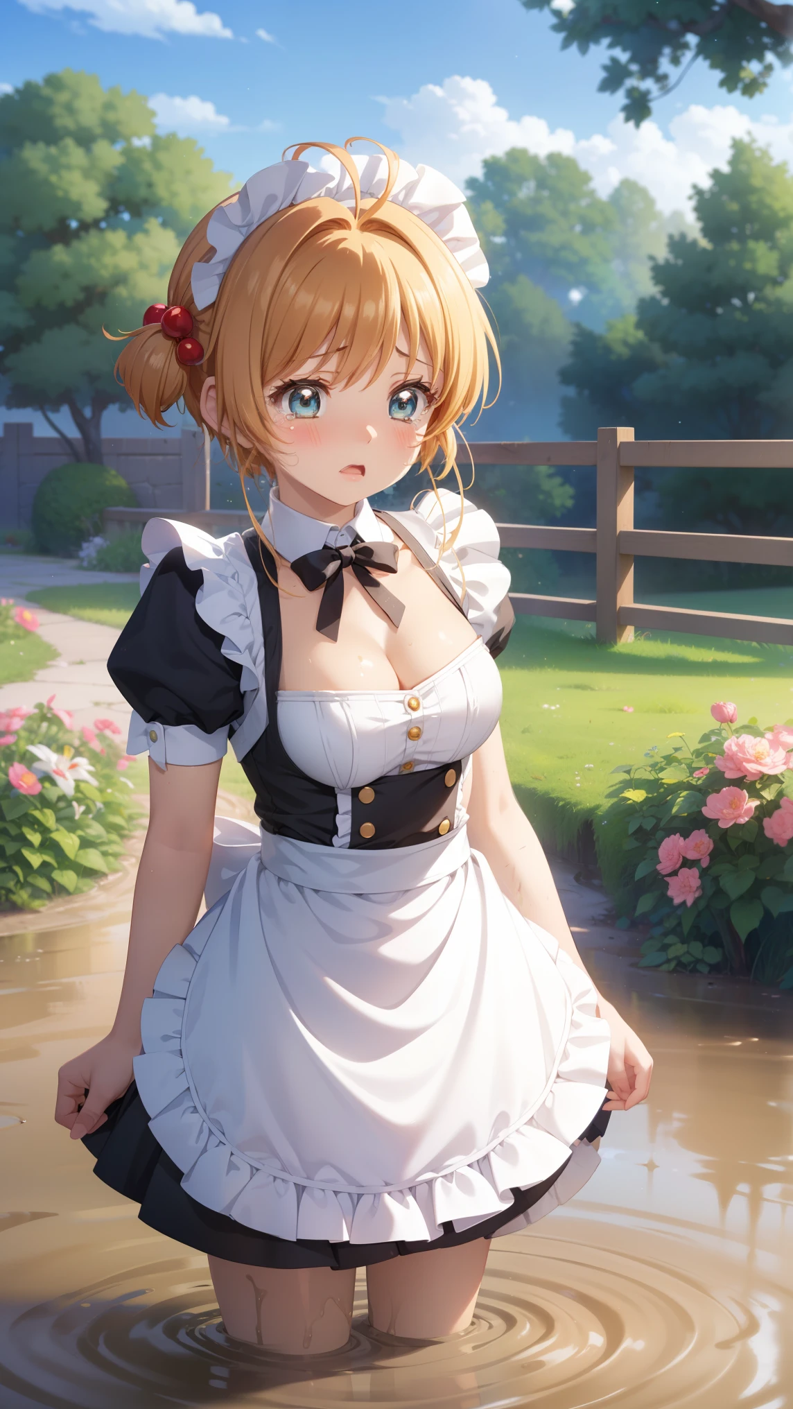 masterpiece, best quality, highres, 1girl, detailed face, blush, anime CG style, (medium breasts), (18 year old girl:1.3), (aged up), good lighting, perfect body, sakura kinomoto, glossy lips, cleavage, (curvy), maid, short puffy sleeves, small maid apron, garden, (sinking in mud), upset, tears on cheeks, standing