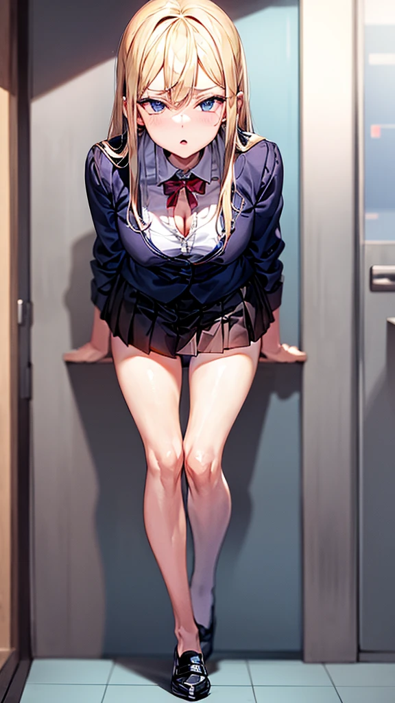 Bully student approaches me with a perverse face as I am a nerd, wearing short skirt, blonde hair, blue eyes, small firm breasts, long sexy legs, bad girl. very tall girl, photo from the floor her, bully, anger face