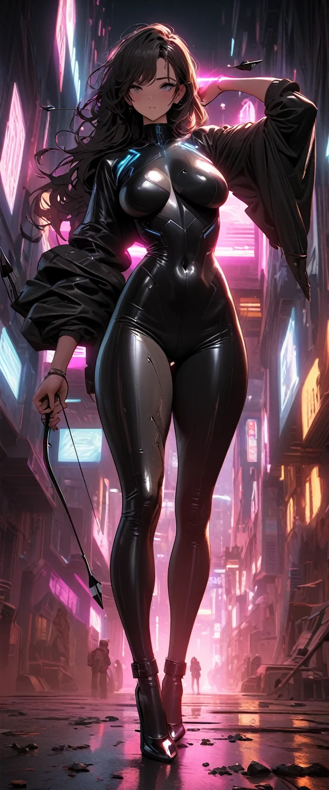 style cyberpunk，Femme mature et charmante de 30 ans，Le body en cuir couvre tout le corps，Seins pleins，Talons hauts，Tire-moi dessus avec un arc et des flèches，（Il y a beaucoup de petits morceaux de gravier qui flottent dans l&#39;air autour de moi.:1.5），Beau，effets lumineux，style celluloïd，Revêtement plat，HD，Images de synthèse，des bandes dessinées，8k，en regardant la caméra，Haute qualité，illustration，style vaporwave，lumière de jante，Lumière，très détaillé，compliqué，Moteur de rendu OC，angle de vue，haute résolution