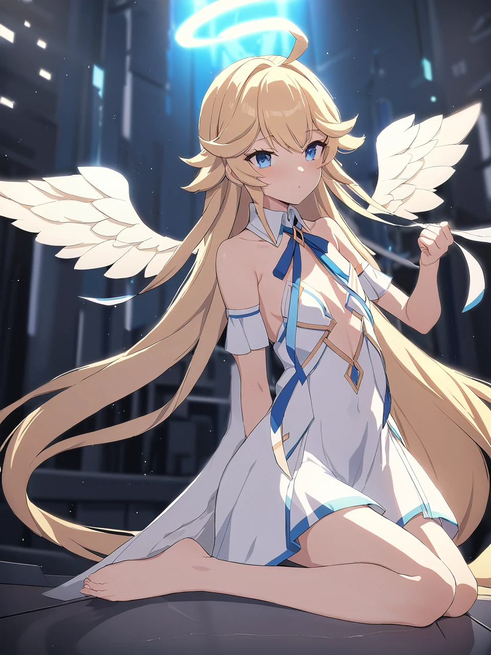 Zaora, blue eyes, (Variegated eyes:0.5), Blonde, Very long hair, Twin Blade, bangs, Ahoge, Hello, Angel, Flat Chest, White Dress, Belly button cutout, Detachable collar, Strapless, Neck ribbon, Bare shoulders, Angel wings, barefoot, One girl, Solo Break Space, Future City, Depth of written boundary, Cinematic, masterpiece, Highest quality, Game CG