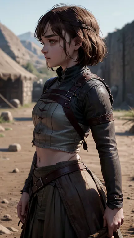 8k, maisie williams face, pale skin, toned abs, small breast, round ass, her round ass visible, brown hair, maisie williams as a...