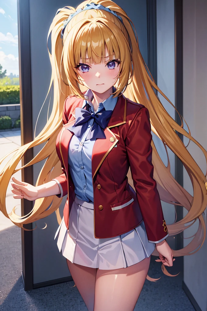 (8k, best quality, masterpiece,ultra detailed, ultra high res:1.2), BREAK (anime keyvisual:1.1), 
1girl,
Kei Karuizawa, 
Kei Karuizawa \(youjitsu\),
long hair, ponytail, 
yellow hair, 
purple eyes, 
blue bow, hair scrunchie, 
medium breasts, 
, red blazer, long sleeves, blue blouse, pleated white skirt, white calf socks, 
looking at viewer, 
cowboy shot, 
perfect light, 