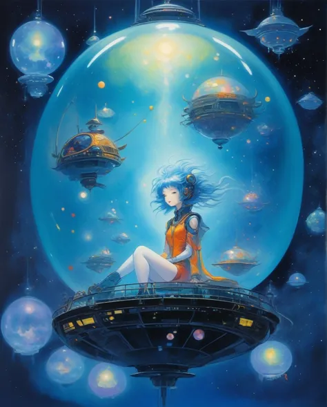 amano yoshitaka, celestial harbor, a cute female alien working in the celestial port, sitting in a transparent suspended ball va...