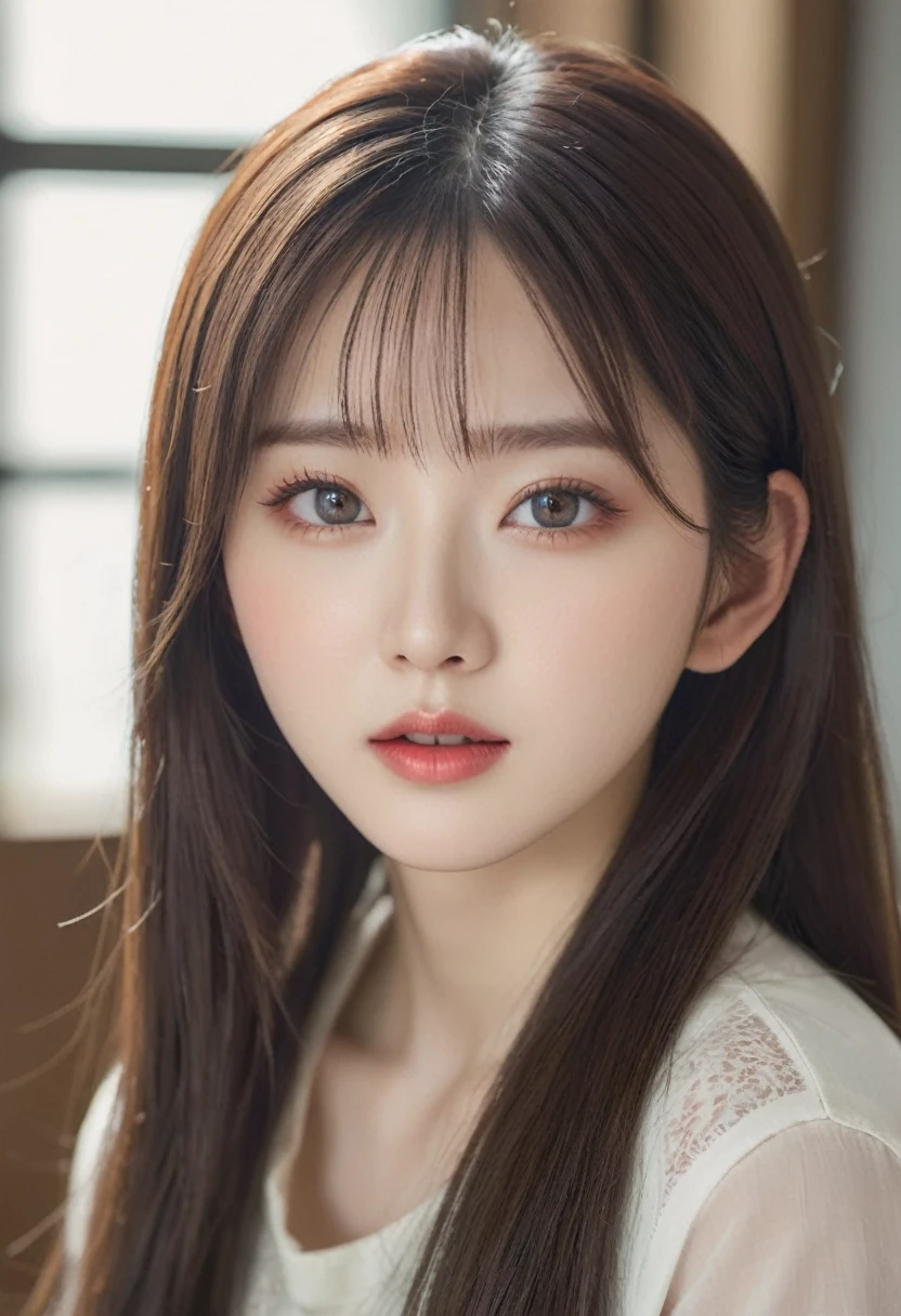 a pretty korean girl, pale skin, long straight hair, close up face, k-pop idol, beautiful detailed eyes, beautiful detailed lips, extremely detailed eyes and face, long eyelashes, realistic, photorealistic, photo-realistic:1.37, best quality, 8k, highres, masterpiece:1.2, ultra-detailed, HDR, UHD, studio lighting, ultra-fine painting, sharp focus, physically-based rendering, extreme detail description, professional, vivid colors, bokeh