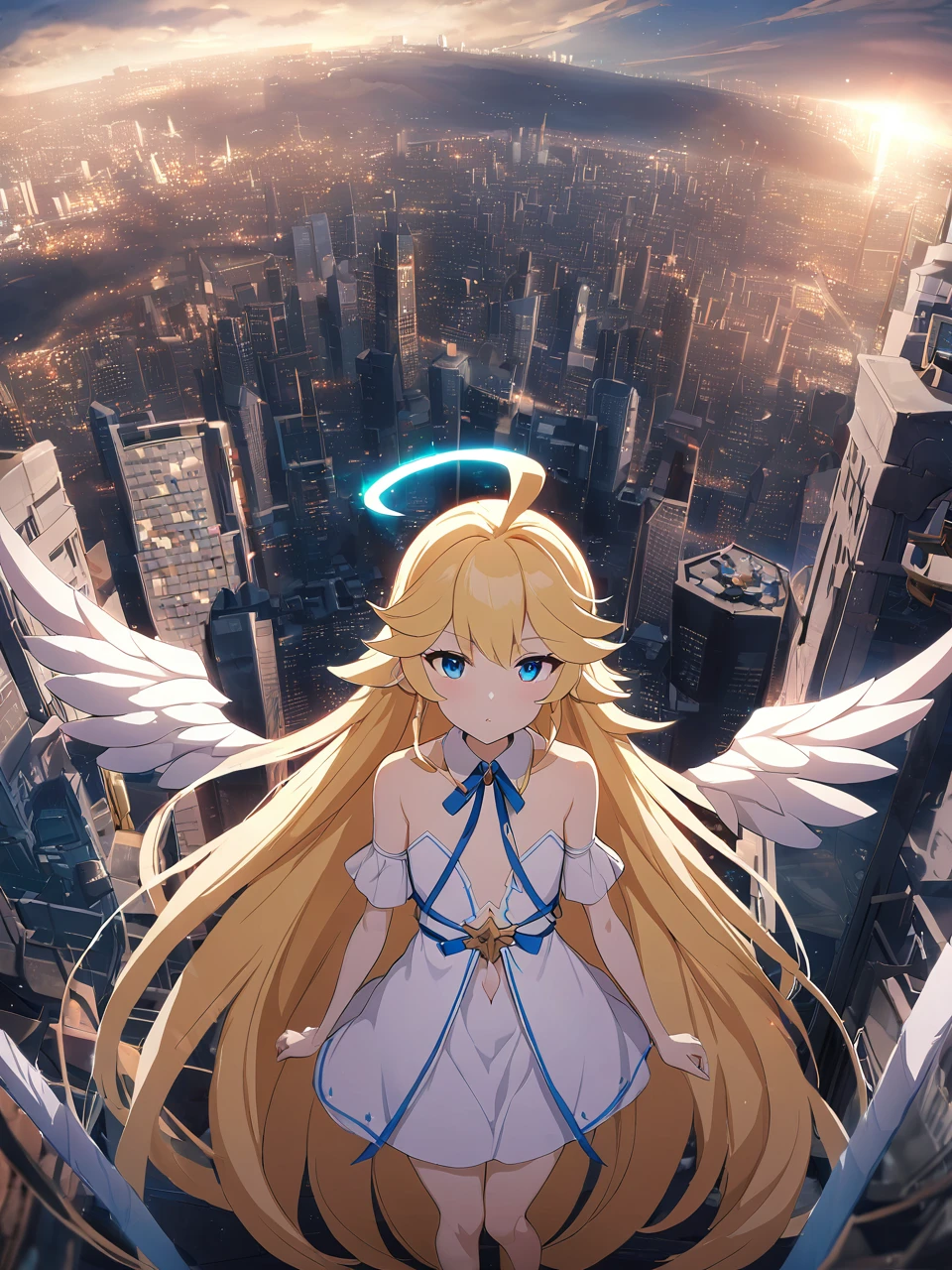 Zaora, blue eyes, (Variegated eyes:0.5), Blonde, Very long hair, Twin Blade, bangs, Ahoge, Hello, Angel, Flat Chest, White Dress, Belly button cutout, Detachable collar, Strapless, Neck ribbon, Bare shoulders, Angel wings, barefoot, One girl, Solo Break Space, City, Depth of written boundary, Cinematic, masterpiece, Highest quality, Game CG