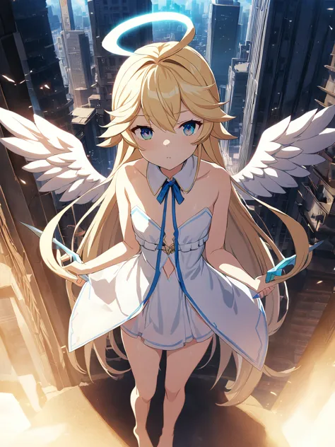 Zaora, blue eyes, (Variegated eyes:0.5), Blonde, Very long hair, Twin Blade, bangs, Ahoge, Hello, Angel, Flat Chest, White Dress...