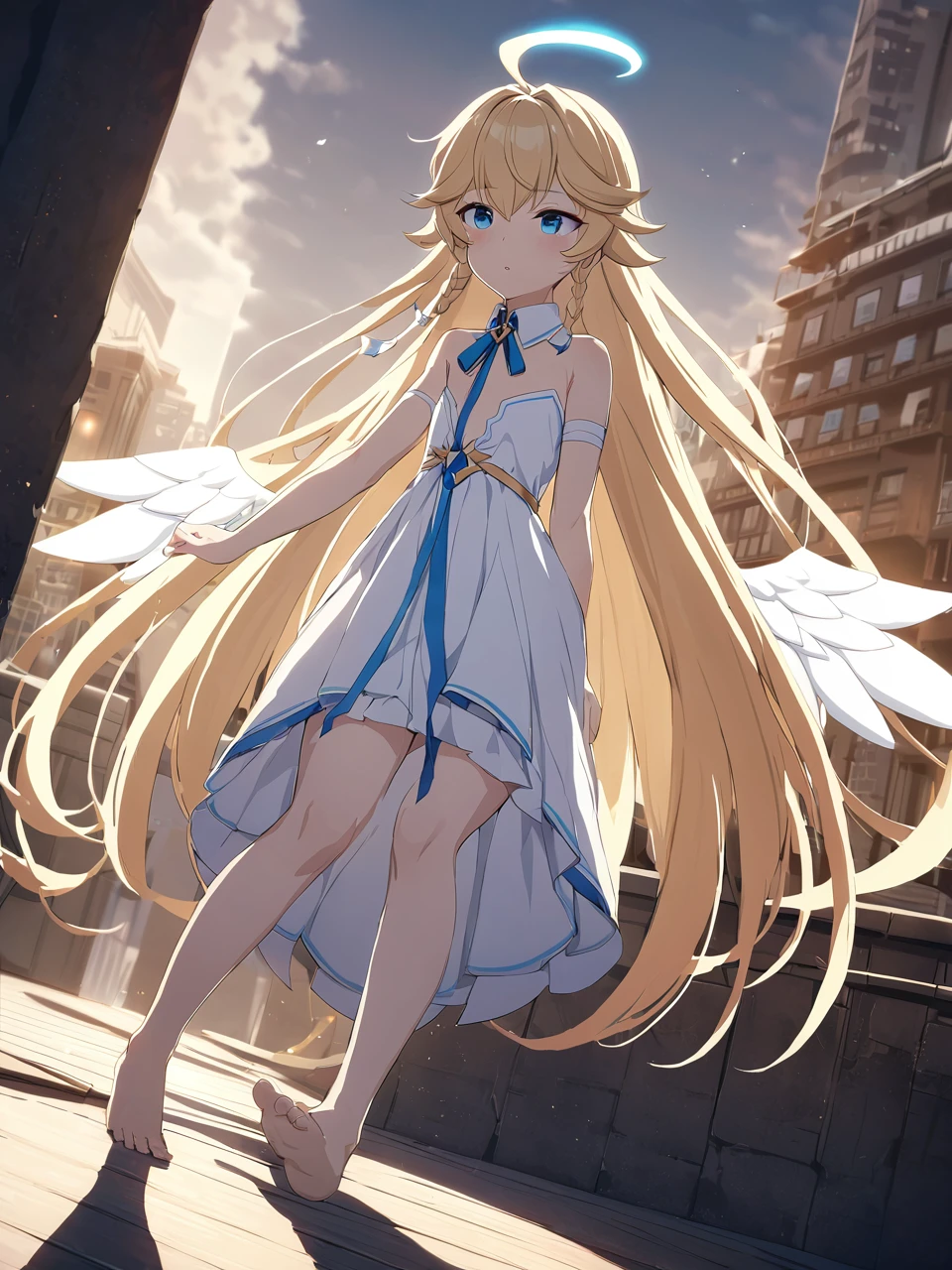 Zaora, blue eyes, (Variegated eyes:0.5), Blonde, Very long hair, Twin Blade, bangs, Ahoge, Hello, Angel, Flat Chest, White Dress, Belly button cutout, Detachable collar, Strapless, Neck ribbon, Bare shoulders, Angel wings, barefoot, One girl, Solo Break Space, City, Depth of written boundary, Cinematic, masterpiece, Highest quality, Game CG