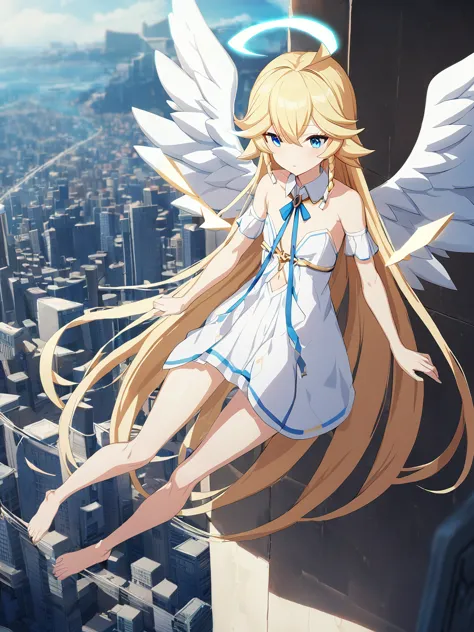 Zaora, blue eyes, (Variegated eyes:0.5), Blonde, Very long hair, Twin Blade, bangs, Ahoge, Hello, Angel, Flat Chest, White Dress...