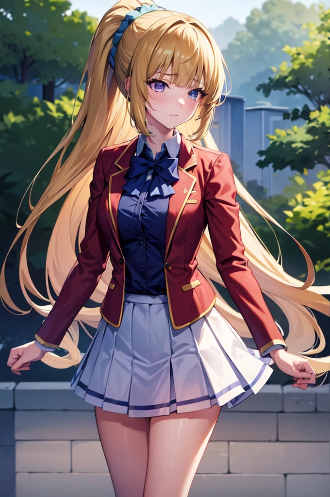 (8k, best quality, masterpiece,ultra detailed, ultra high res:1.2), anime keyvisual, 
1girl,
Kei Karuizawa, 
Kei Karuizawa \(youjitsu\),
long hair, BREAK ponytail, 
yellow hair, 
purple eyes, 
blue bow, hair scrunchie, 
medium breasts, 
red blazer, long sleeves, blue blouse, pleated white skirt, white calf socks, 
looking at viewer, 
cowboy shot, 
perfect light, 