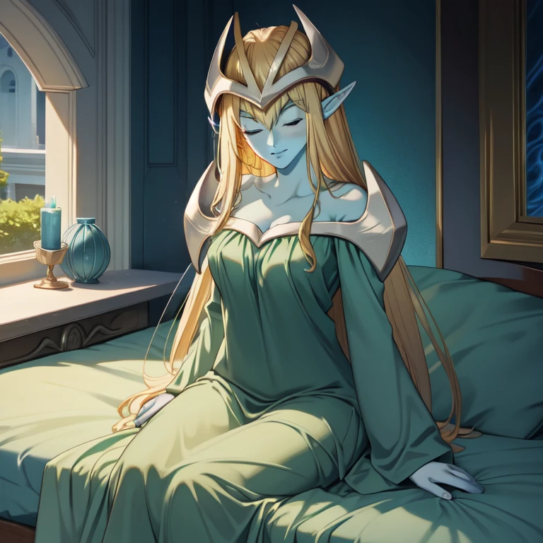 mysticalygo, mystical elf, smile, friendly look, medium breasts, eyes closed, green dress, long skirt, blue skin, blonde hair, long hair, Yugioh, bed, sitting, room