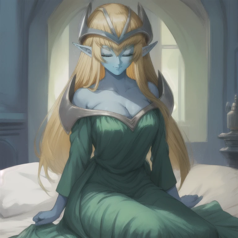 mysticalygo, mystical elf, smile, friendly look, medium breasts, eyes closed, green dress, long skirt, blue skin, blonde hair, long hair, Yugioh, bed, sitting, room