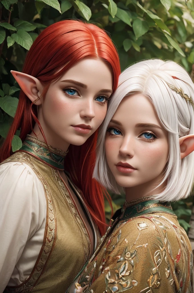 (high quality, detailed, vivid colors:1.2),(realistic,photorealistic,photo-realistic:1.37),portraits,two elf girls, elf sisters,red hair,white hair,short haircut,long haircut