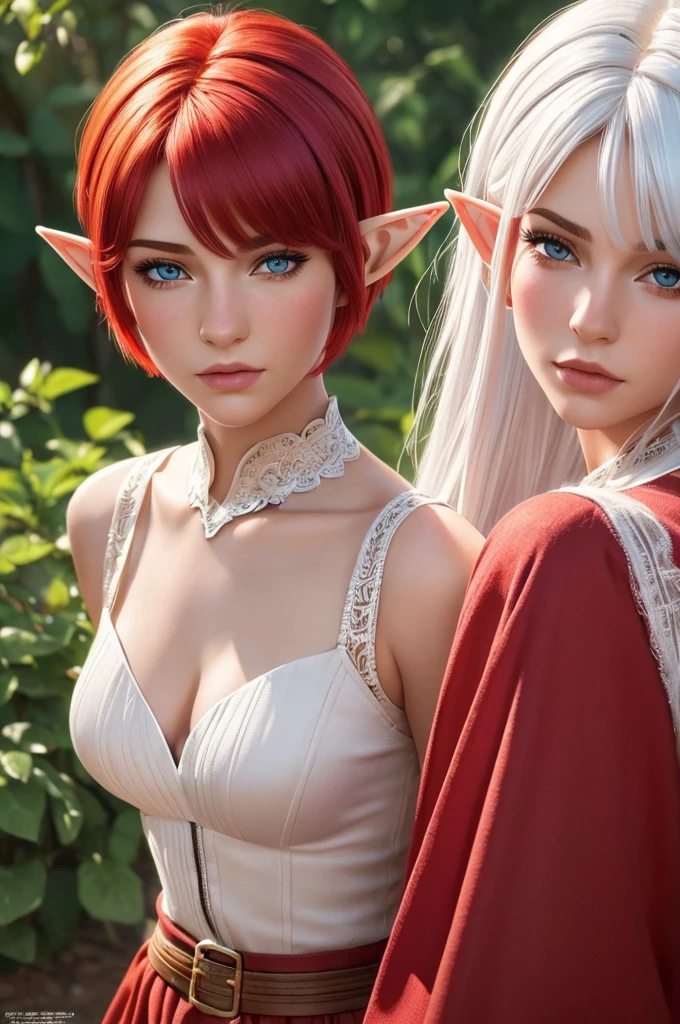 (high quality, detailed, vivid colors:1.2),(realistic,photorealistic,photo-realistic:1.37),portraits,two elf girls, elf sisters,red hair,white hair,short haircut,long haircut